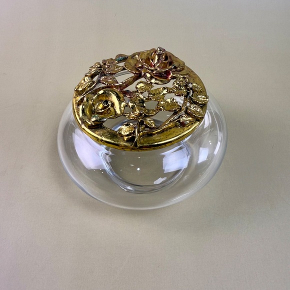 Vintage Glass Trinket Dish with Ornate Brass Rose Lid | Hollywood Regency Style - Picture 9 of 13